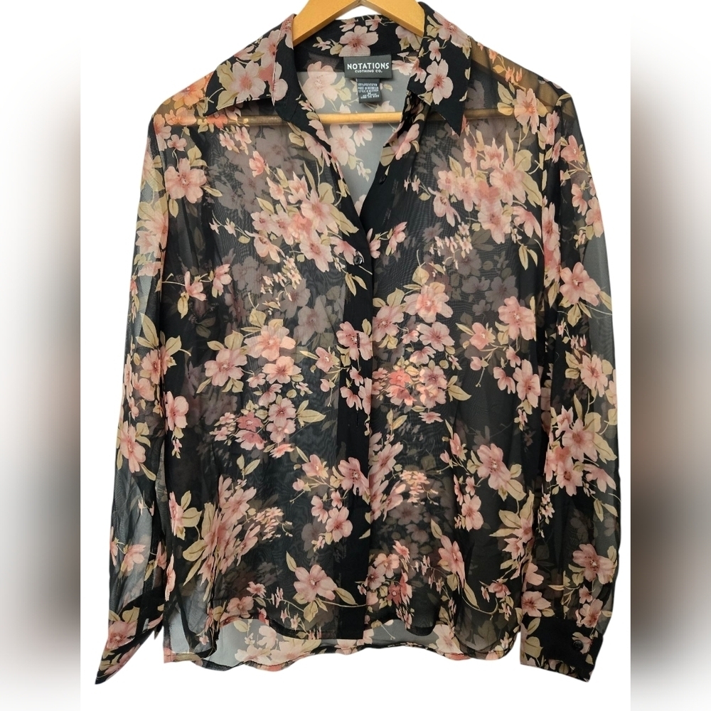 Notations Floral Sheer Black Blouse Size Medium